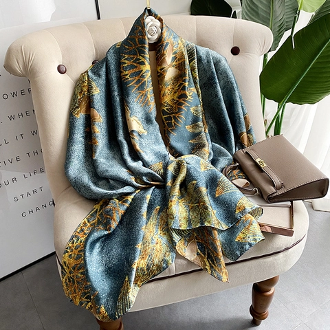 Women Long Scarf Imitation Satin Polyester Shawl Sunscreen Beach Wrap Gold Leaf Print Elegant Satin Oversized Headscarf