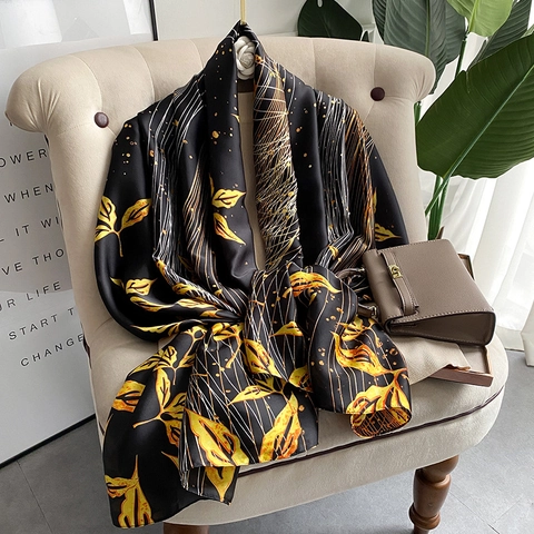 Women Long Scarf Imitation Satin Polyester Shawl Sunscreen Beach Wrap Gold Leaf Print Elegant Satin Oversized Headscarf