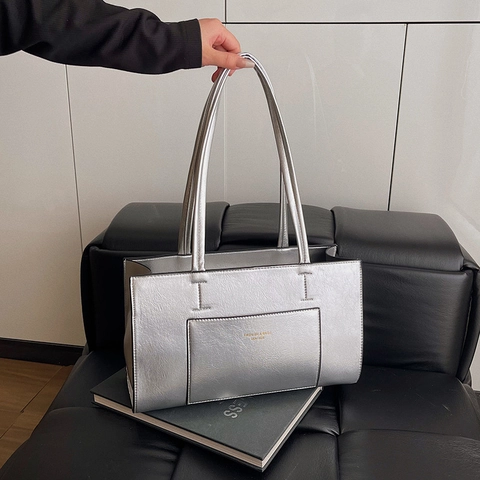 Borsa Tote Da Donna In Pelle PU Lucida Grande Capacità Borsa A Spalla Sottobraccio Con Tasca Frontale Moda Semplice