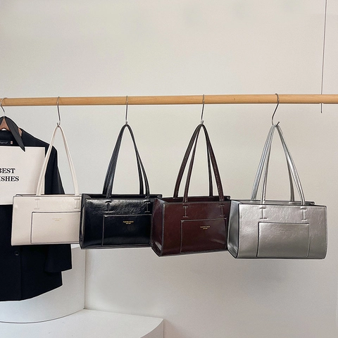 Borsa Tote Da Donna In Pelle PU Lucida Grande Capacità Borsa A Spalla Sottobraccio Con Tasca Frontale Moda Semplice