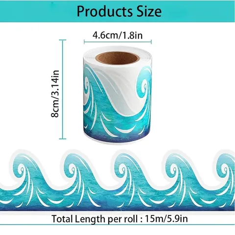 Watercolor Ocean Wave Bulletin Board Border Stickers Scalloped Edge Self Adhesive Waterproof Blackboard Classroom Decoration
