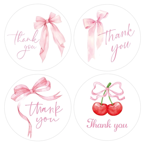 Thank You Stickers Round Pink Bow Cherry Design Self Adhesive Labels For Gift Wrapping Envelope Sealing Packaging Decor