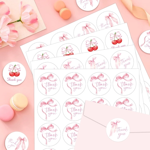 Thank You Stickers Round Pink Bow Cherry Design Self Adhesive Labels For Gift Wrapping Envelope Sealing Packaging Decor