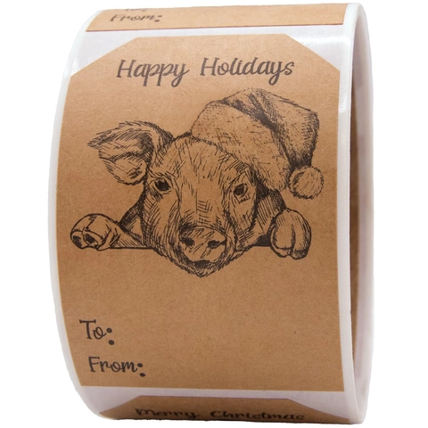 Christmas Gift Label Stickers Kraft Paper Self Adhesive Holiday Packaging Decoration Hand Drawn Animal To From Name Tags