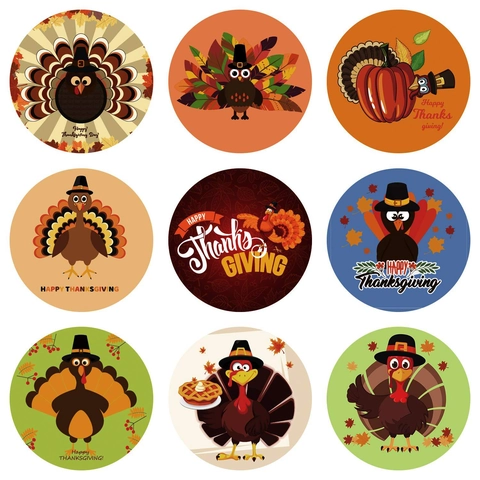 Autocollants De Thanksgiving Étiquettes Rondes Auto-adhésives Dinde Citrouille Pour Sceller Les Cadeaux Bricolage Décor D'automne