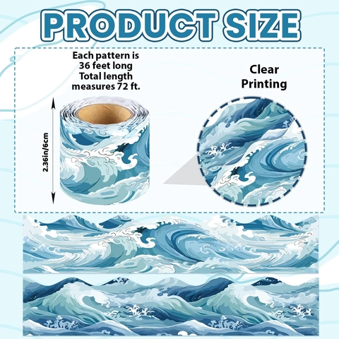 Bulletin Board Border Scalloped Ocean Wave Pattern Decor Sticker For Classroom Blackboard Office Coated Paper Ukiyo-e Style