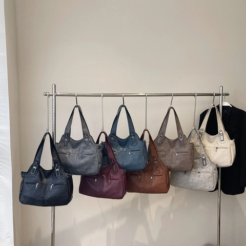 Sac Fourre-Tout Grande Capacité Pour Femmes Cuir PU Vintage Épaule Sac Bandoulière Avec Poignées Et Poches Zippées