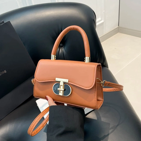 Trendy PU Leather Crossbody Bag For Women With T-Shaped Metal Lock Top Handle Adjustable Shoulder Strap Elegant Handbag