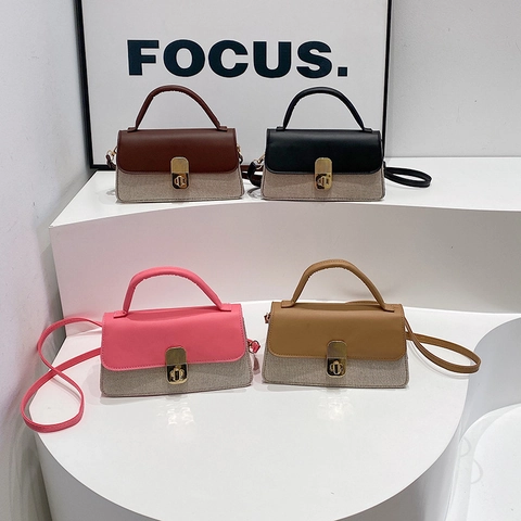Bolso Bandolera para Mujer de Cuero PU de Color de Contraste y Tejido Trenzado Bolso de Mano Cuadrado Pequeño Cierre de Metal Retro