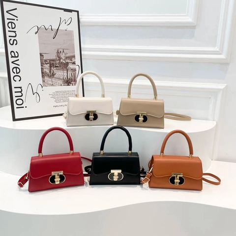 Women Fashion PU Leather Small Square Bag With T-Lock Metal Buckle Top Handle Shoulder Crossbody Bag For Daily Commuting