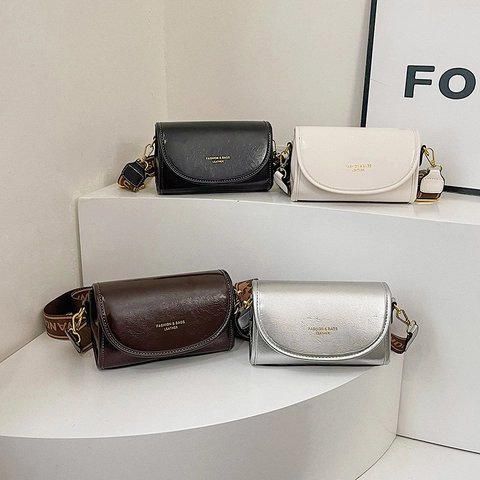 Retro Women Crossbody Bag PU Leather Small Square Shoulder Bag With Wide Letter Print Fabric Strap Magnetic Flap Cover