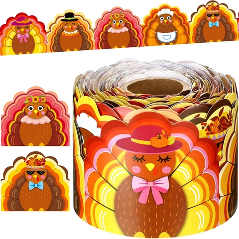 Thanksgiving Turkey Bulletin Board Border Scalloped Edge Coated Paper Stickers For Classroom Blackboard School Party Decor