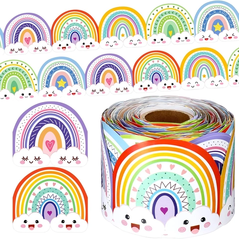 Bulletin Board Border Rainbow Cartoon Cloud Scalloped Edge Classroom Decoration Stickers Paper Roll Wall Decor