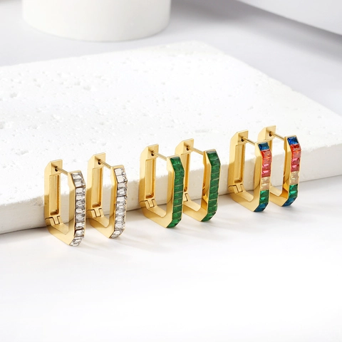Rectangular Hoop Earrings Gold Plated Stainless Steel Emerald Clear Rainbow Zircon Geometric Minimalist Jewelry For Women