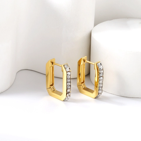Rectangular Hoop Earrings Gold Plated Stainless Steel Emerald Clear Rainbow Zircon Geometric Minimalist Jewelry For Women