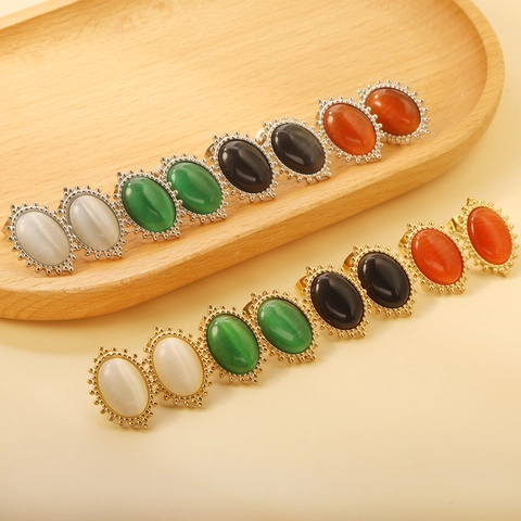 French Vintage Oval Cat's Eye Stone Stud Earrings Stainless Steel Milgrain Beaded Edge Geometric Jewelry Women
