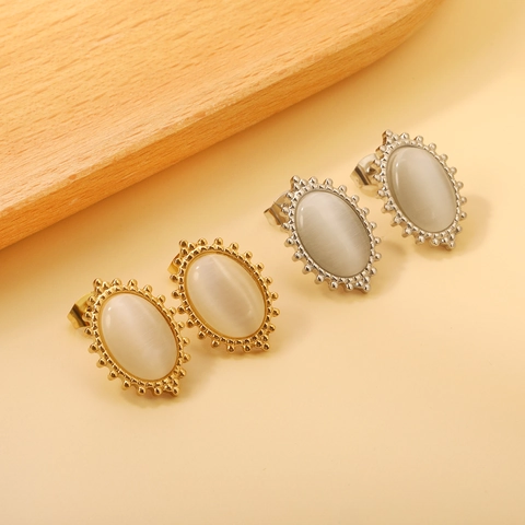 French Vintage Oval Cat's Eye Stone Stud Earrings Stainless Steel Milgrain Beaded Edge Geometric Jewelry Women