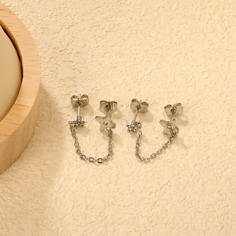 Edelstahl Doppelpiercing Ohrstecker Strass Stern Blume Kette Quaste Link Koreanischen Stil Schmuck Für Frauen