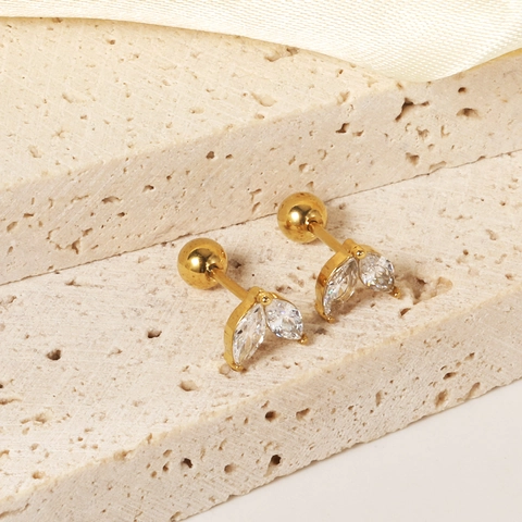 Pendientes De Botón Circonita Cúbica Marquise Acero Inoxidable Chapado En Oro 18K Diseño Hoja Cierre De Rosca Mujer