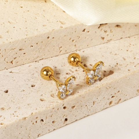 Butterfly Stud Earrings 18K Gold Plated Stainless Steel Zirconia Inlaid Twist Ball Screw Back Hypoallergenic Women
