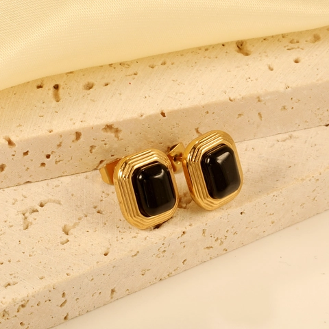 Square Black Zircon Stud Earrings Stainless Steel Gold Plated Vintage Minimalist Geometric Jewelry For Women Elegant