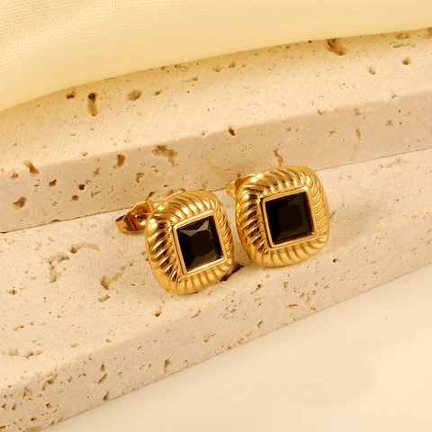 Square Black Zircon Stud Earrings Stainless Steel Gold Plated Vintage Minimalist Geometric Jewelry For Women Elegant
