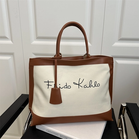 Large Capacity Canvas PU Leather Stitching Tote Bag Contrasting Color Retro Artistic Print Women Shoulder Straps Bag