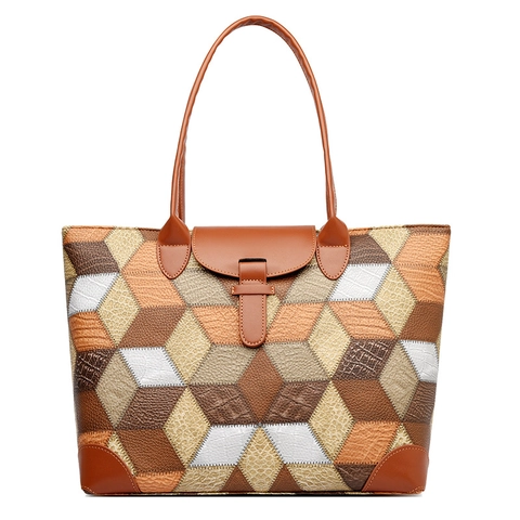 Bolso Tote de Gran Capacidad para Mujer Patchwork Geométrico 3D Cuero de PU Bolso de Hombro Retro Occidental para Viaje Diario y Trabajo