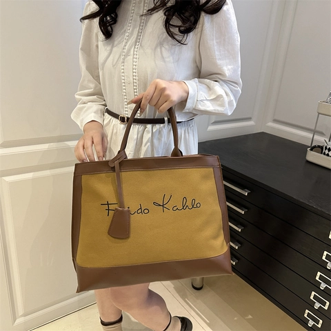 Borsa Tote In Tela Con Stampa Di Lettere Artistiche Borsa A Mano Grande Capacità Con Finitura In Pelle Colore A Contrasto