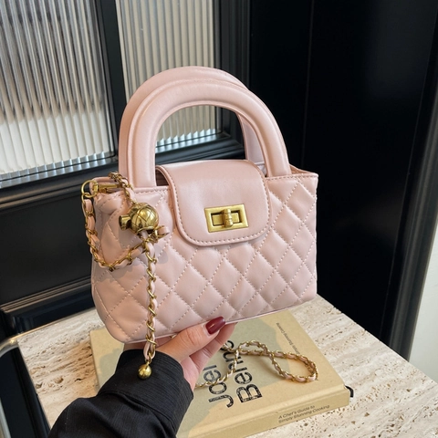 Women Quilted Rhombus Crossbody Bag PU Leather Small Square Handbag With Chain Strap Gold Metal Ball Adjustment Turn Lock