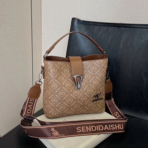 Vintage Monogram Bucket Bag Women PU Leather Handbag With Wide Webbing Strap Retro Large Capacity Crossbody Shoulder Tote