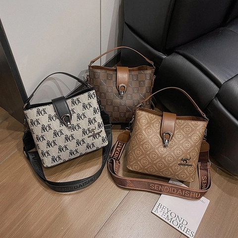 Vintage Monogram Bucket Bag Women PU Leather Handbag With Wide Webbing Strap Retro Large Capacity Crossbody Shoulder Tote