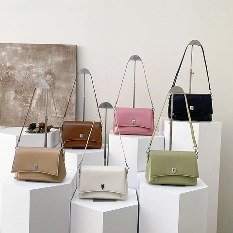 Women Crinkled Oil Wax PU Leather Crossbody Bag Silver Metal Lock Flip Square Shoulder Bag Retro Fashion Purse