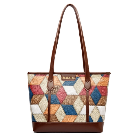 Fashion Women PU Leather Tote Bag Geometric Patchwork Large Capacity Shoulder Bag Colorful Geometric Cube Design Casual
