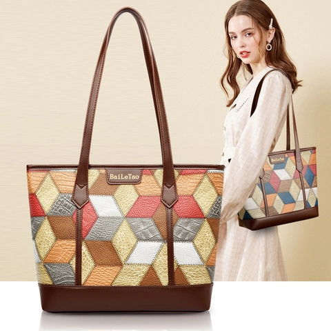 Fashion Women PU Leather Tote Bag Geometric Patchwork Large Capacity Shoulder Bag Colorful Geometric Cube Design Casual