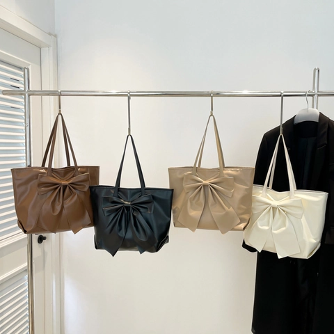 Women Large Capacity Bowknot Tote Bag PU Leather Shoulder Bag Fashion Commuter Handbag Solid Color 2025 Spring Bag