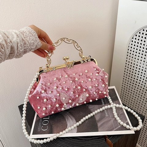 Vintage Samt Abendtasche Damen Mit Schmetterling Stickerei Künstliche Perlen Muschelform Metallgriff Künstliche Perlenkette Schultergurt