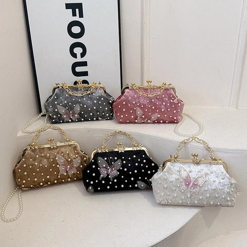 Vintage Samt Abendtasche Damen Mit Schmetterling Stickerei Künstliche Perlen Muschelform Metallgriff Künstliche Perlenkette Schultergurt