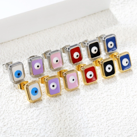 Trendy Roestvrijstalen Evil Eye Rechthoekige Oorknopjes Goud Zilver Verguld Emaille Kleurrijke Oog Mode Sieraden Vrouwen