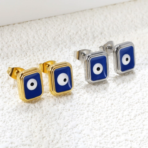 Trendy Roestvrijstalen Evil Eye Rechthoekige Oorknopjes Goud Zilver Verguld Emaille Kleurrijke Oog Mode Sieraden Vrouwen