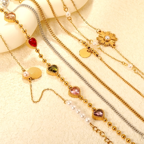 Stainless Steel Bracelet For Women Double Layer Design With Heart Shape Gems And Faux Artificial Pearl Shell Sunflower Charm