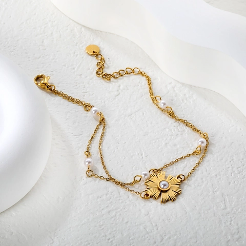 Doppelreihiges Armband Edelstahl Künstliche Perle Sonnenblume Anhänger Vergoldet Eleganter Schmuck Für Damen Französischer Stil