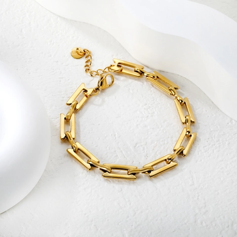 Minimalist Stainless Steel Chain Bracelet 18K Gold Plated Rectangular Link Adjustable Extension Clasp For Women Men
