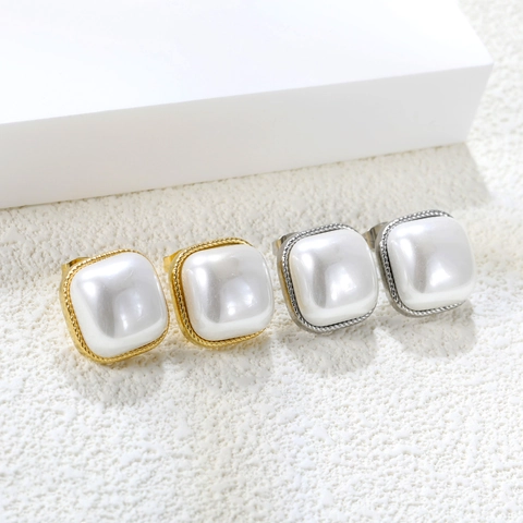 Retro Square Artificial Pearl Stud Earrings Stainless Steel With Twisted Rope Metal Frame Geometric Vintage Style For Women