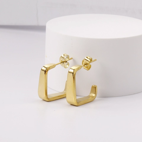 Geometric Square C Shaped Stud Earrings 14K Gold Plated Stainless Steel Minimalist Hollow Hoop Style Jewelry For Women