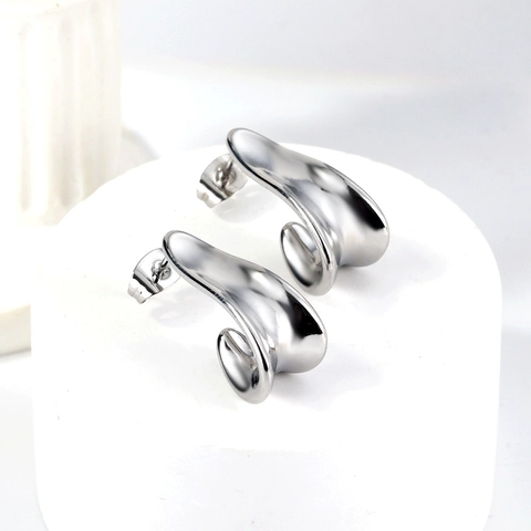 Irregular J Shape Stainless Steel Stud Earrings Fluid Curve Mirror Polished Minimalist Jewelry For Women