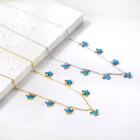 Kronen Anhänger Halskette Edelstahl 18K Vergoldet Emaille Zirkon Zierliche Schlüsselbeinkette Schmuck Für Frauen Elegantes Geschenk