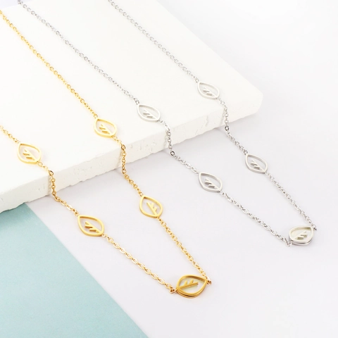 Collana Bracciale Con Pendente A Foglia Cava Acciaio Inossidabile Placcato Oro 18K Intarsio Madreperla Gioielli Eleganti Donna