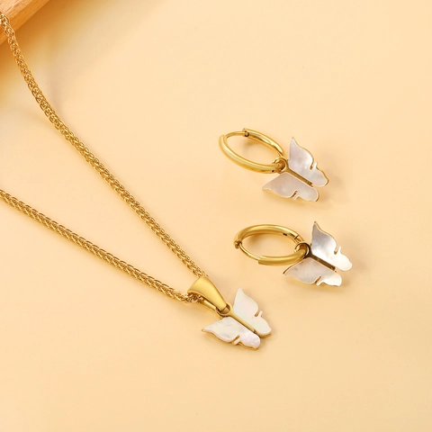 Butterfly Pendant Necklace Hoop Earrings Stainless Steel Shell Inlay Gold Plated Delicate Jewelry For Women