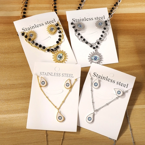 Evil Eye Roestvrijstalen Ketting En Oorbellen Zonnestraal Waterdruppel Hanger Zwarte Kralenketting Boho Stijl Voor Dames